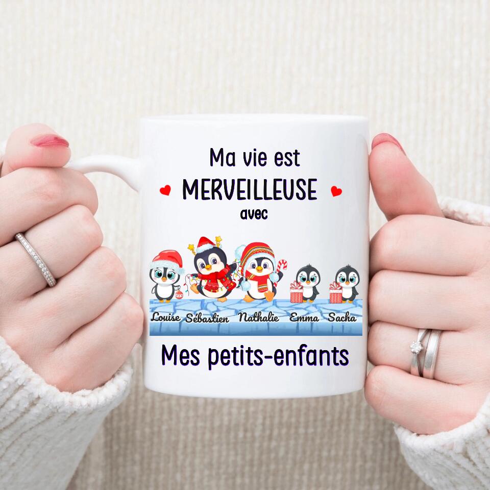 Petit 11 · Mug personnalisé Ma vie est merveilleuse avec mes petits enfants 5 pingouins mignons 