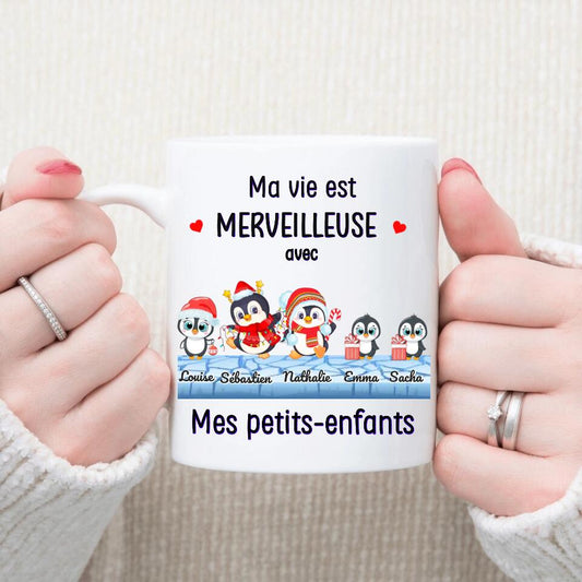 Petit 11 · Mug personnalisé Ma vie est merveilleuse avec mes petits enfants 5 pingouins mignons