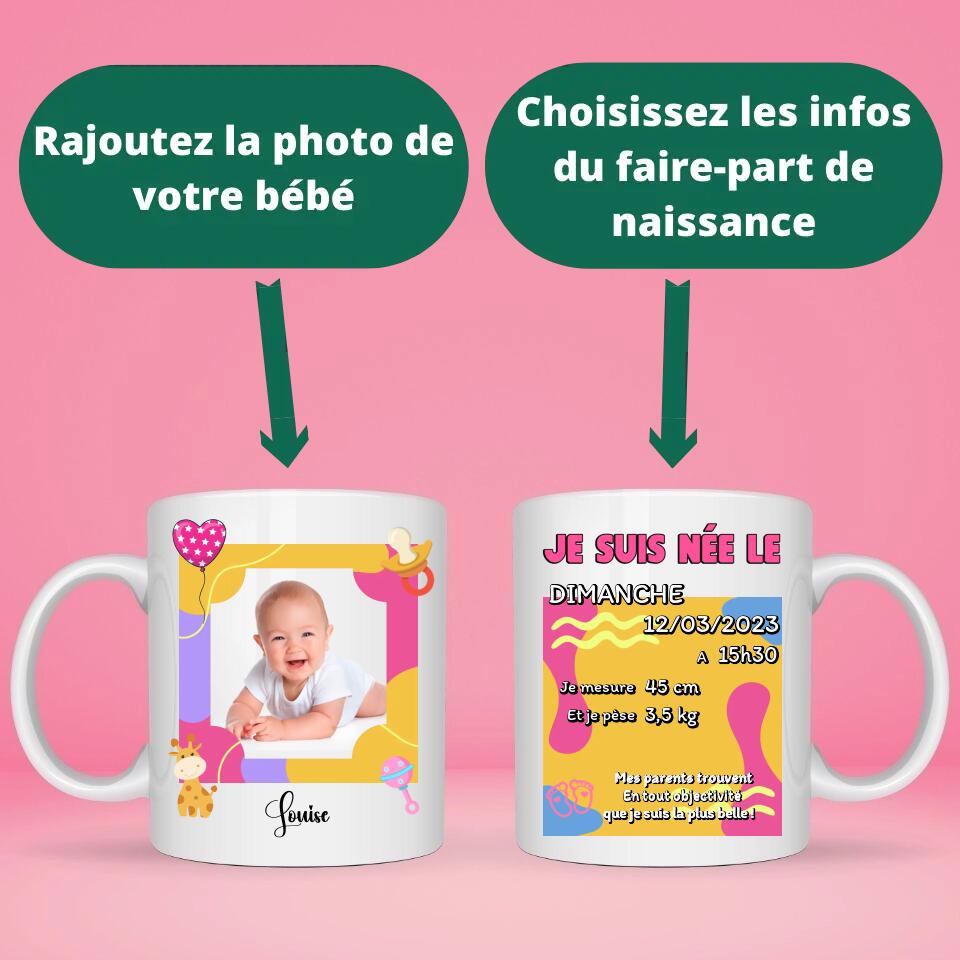 Mug personnalisé · Souvenir Faire-Part Naissance Fille Photo Prénom date jour heure mesure poids mes parents trouvent en toute objectivité que je suis la plus belle