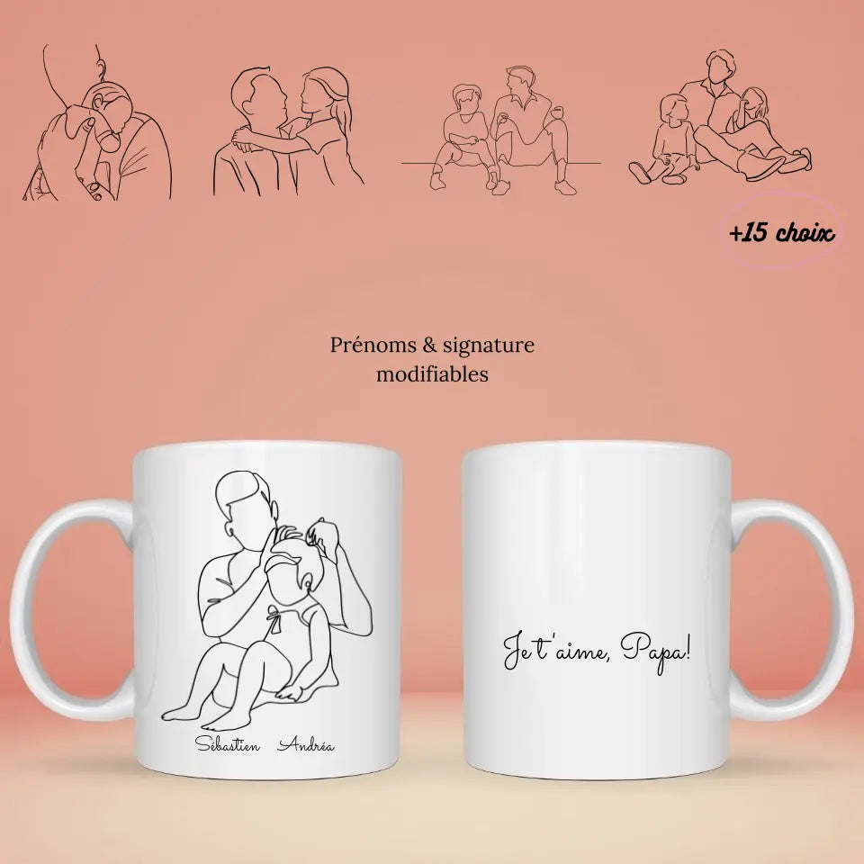 Petit 11 - mug personnalisé avec portrait d'un papa avec un enfant & message je t'aime papa