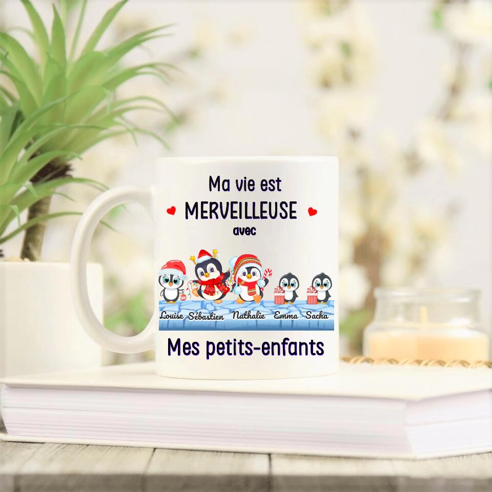 Petit 11 · Mug personnalisé Ma vie est merveilleuse avec mes petits enfants 5 pingouins mignons 