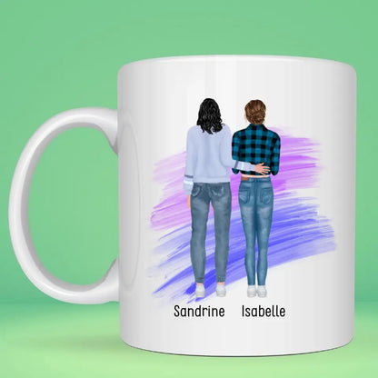 Petit 11 - mug personnalisé portrait de deux femmes avec prénom et phrase les amis sont des anges qui nous soulèvent quand nos ailes ont oublié comment voler